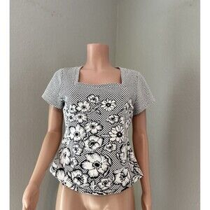 Maeve Anthropologie Floral Embroidered Blouse Shirt White Black Knitted Trim #29